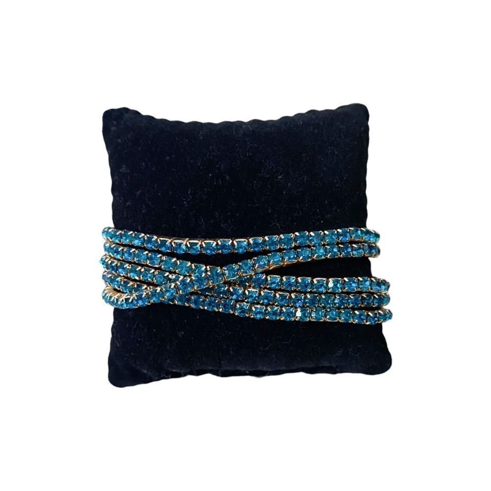 Jessica Simpson Set of 5 Micro Crystal Stretch Bracelets Aqua Blue & Gold Tone